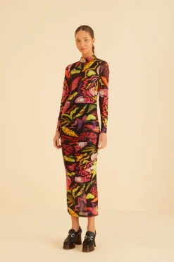 FARM Rio  BLACK PSYCHEDELIC GARDEN TULLE MIDI DRESS