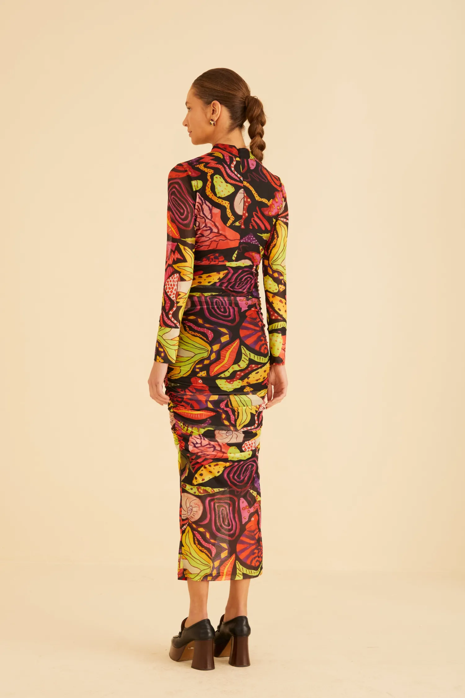 FARM Rio BLACK PSYCHEDELIC GARDEN TULLE MIDI DRESS