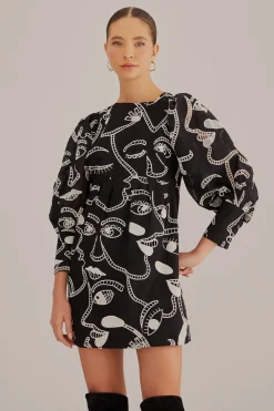 FARM Rio BLACK RICHELIEU FACES MINI DRESS
