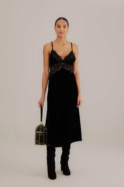 FARM Rio BLACK RICHELIEU VELVET SLIP DRESS
