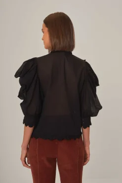 FARM Rio  BLACK SHORT SLEEVE PLEATED BLOUSE
