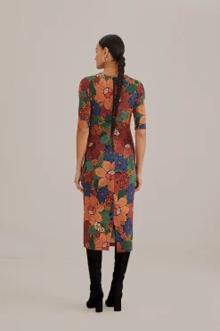 FARM Rio BLACK STITCHED FLOWERS LENZING™ ECOVERO™ VISCOSE MIDI DRESS