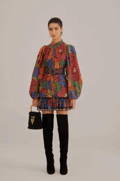 FARM Rio BLACK STITCHED FLOWERS LONG SLEEVE MINI DRESS