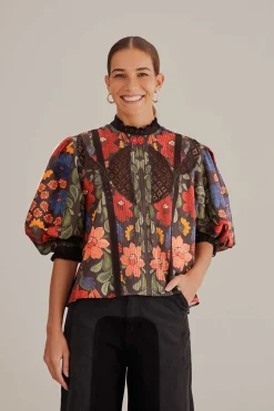 FARM Rio BLACK STITCHED FLOWERS SHORT SLEEVE BLOUSE