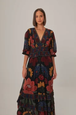 FARM Rio BLACK STITCHED GARDEN SHORT SLEEVE MAXI DRESS