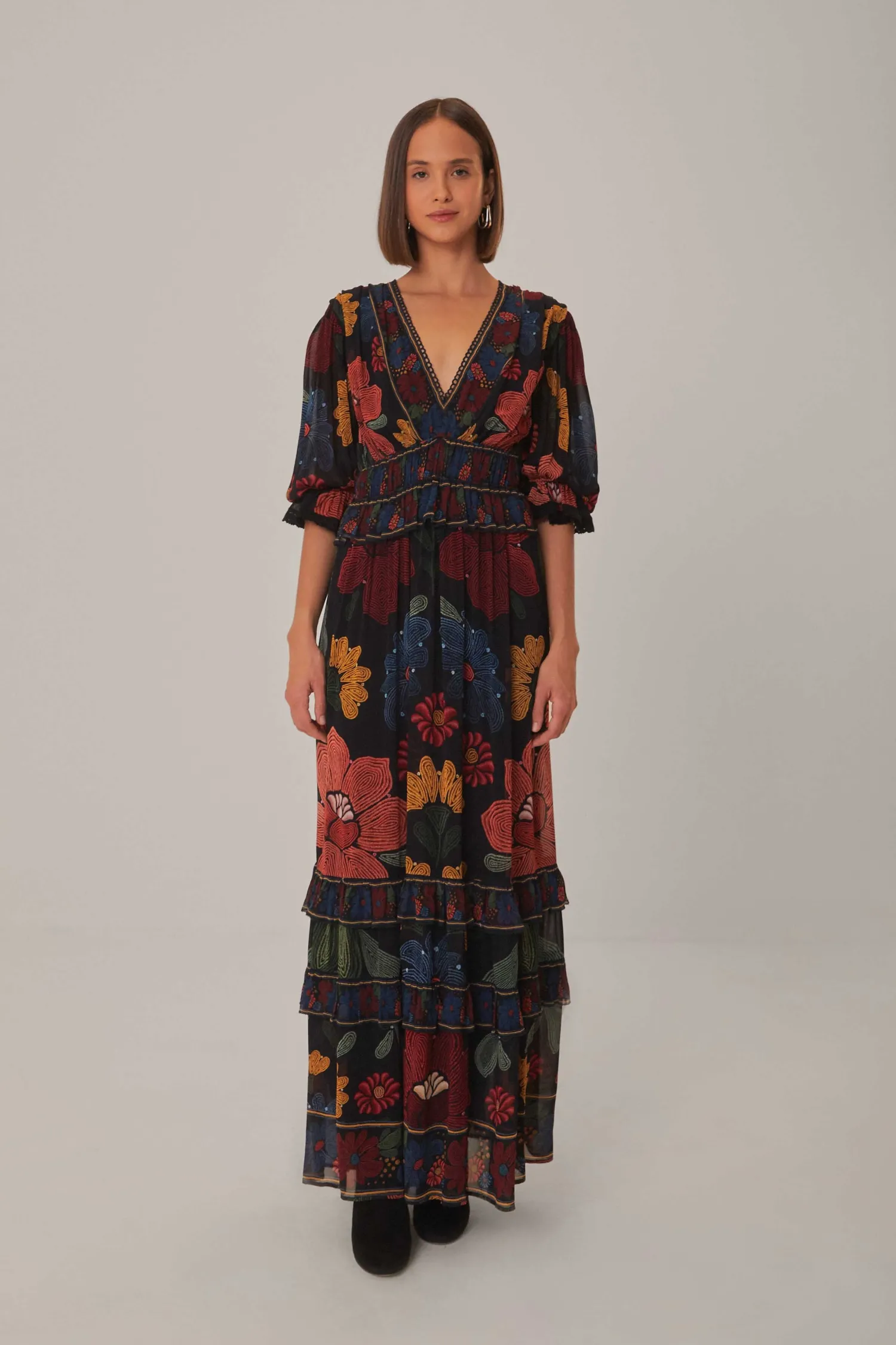 FARM Rio BLACK STITCHED GARDEN SHORT SLEEVE MAXI DRESS