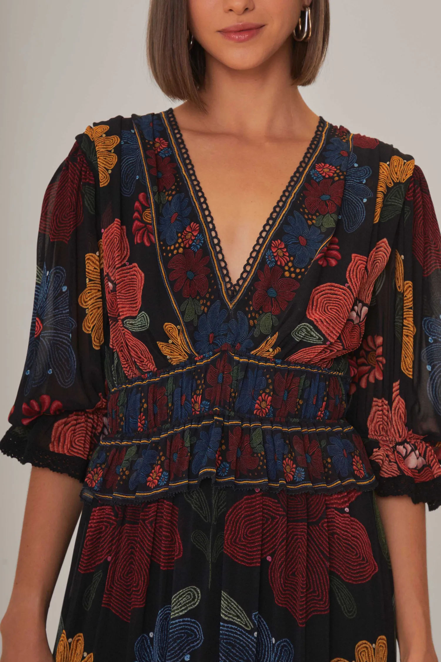 FARM Rio BLACK STITCHED GARDEN SHORT SLEEVE MAXI DRESS