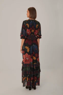 FARM Rio BLACK STITCHED GARDEN SHORT SLEEVE MAXI DRESS