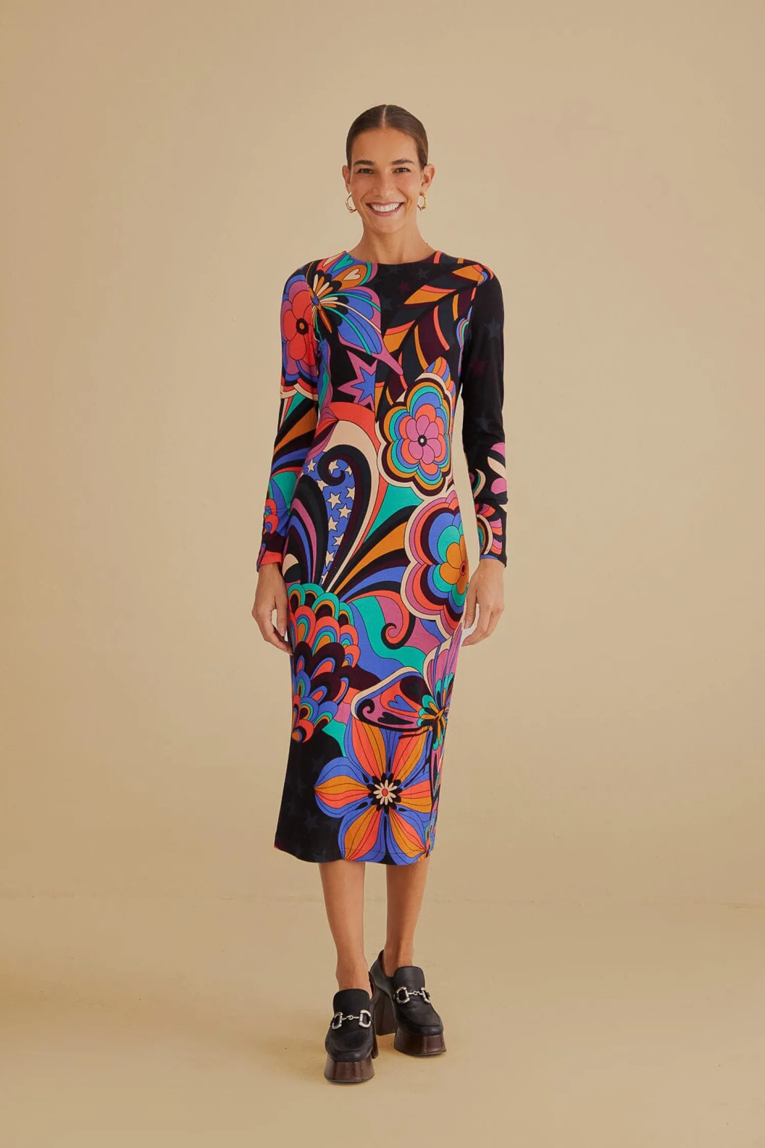 FARM Rio BLACK 70S VIBE LENZING™ ECOVERO™ VISCOSE MIDI DRESS