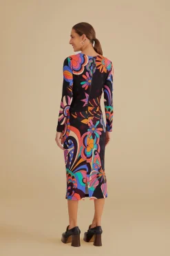 FARM Rio BLACK 70S VIBE LENZING™ ECOVERO™ VISCOSE MIDI DRESS