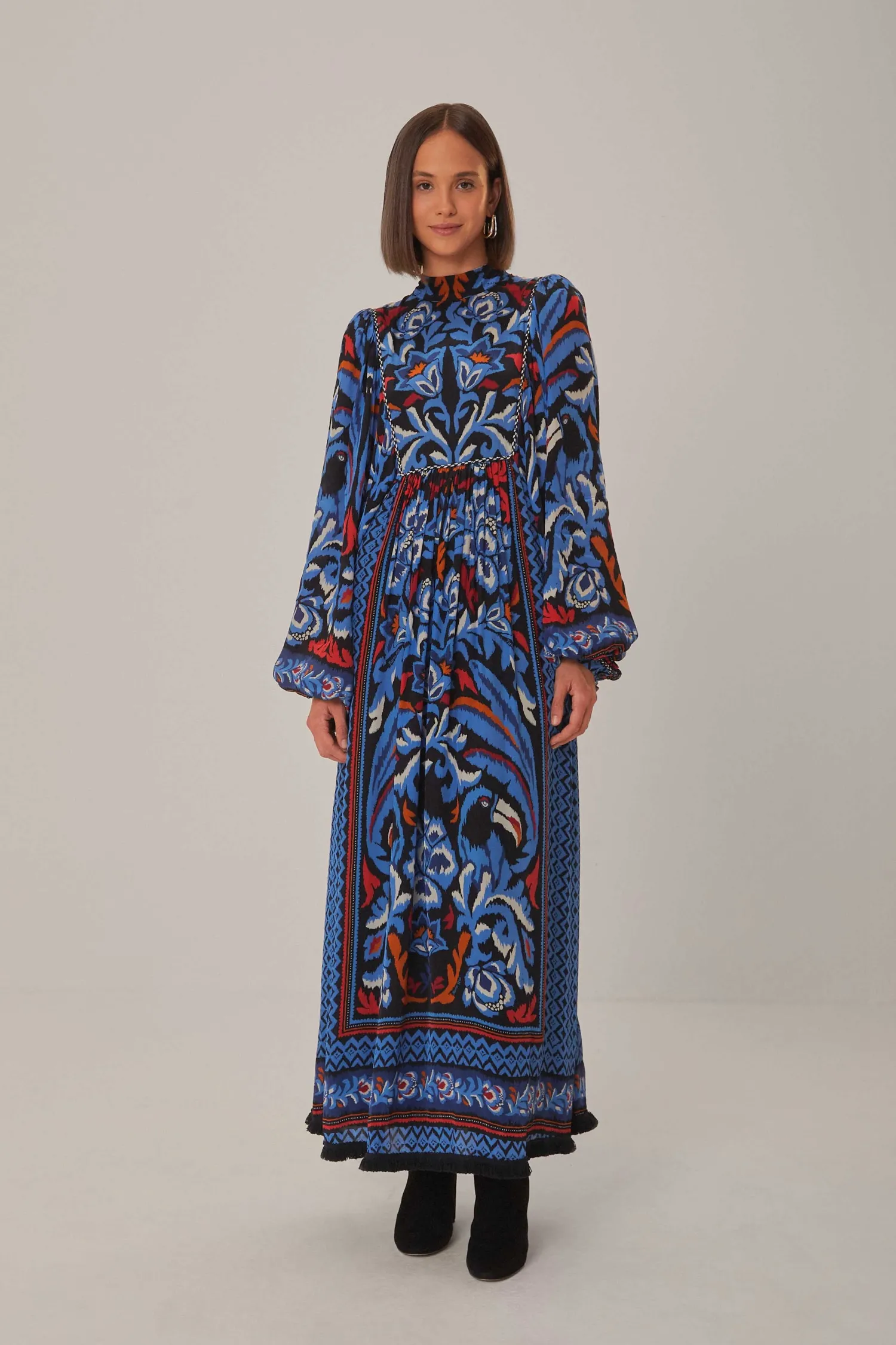 FARM Rio BLACK TOUCANS SCARF LONG SLEEVE MAXI DRESS