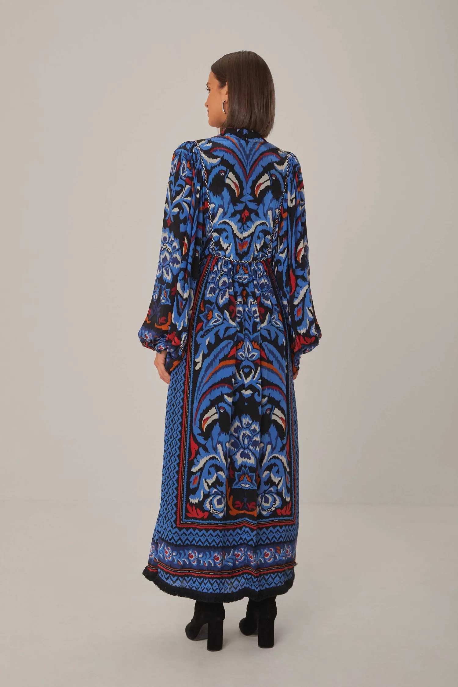 FARM Rio BLACK TOUCANS SCARF LONG SLEEVE MAXI DRESS