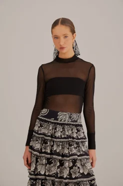 FARM Rio BLACK TULLE LONG SLEEVE BLOUSE