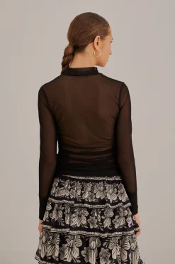 FARM Rio  BLACK TULLE LONG SLEEVE BLOUSE