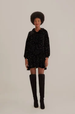 FARM Rio  BLACK VELVET LONG SLEEVE MINI DRESS