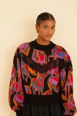 FARM Rio BLACK WILD HORSES FRINGE SWEATER