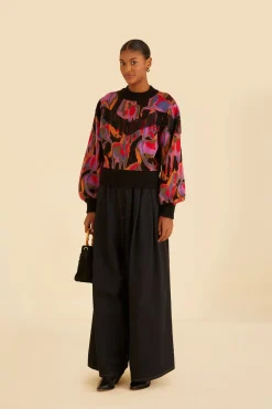 FARM Rio  BLACK WILD HORSES FRINGE SWEATER