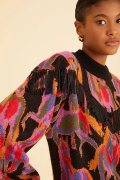 FARM Rio BLACK WILD HORSES FRINGE SWEATER