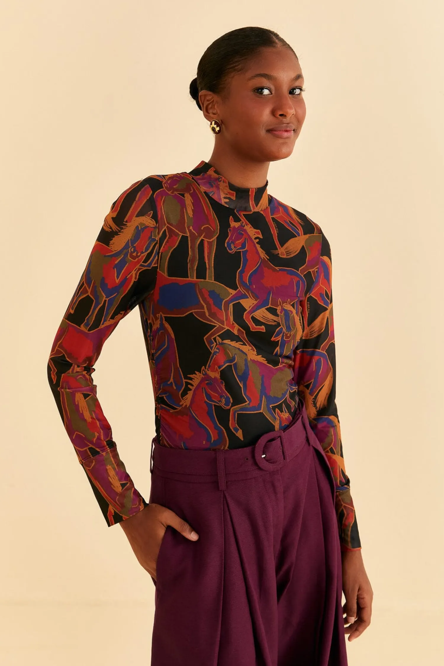FARM Rio BLACK WILD HORSES TULLE BLOUSE