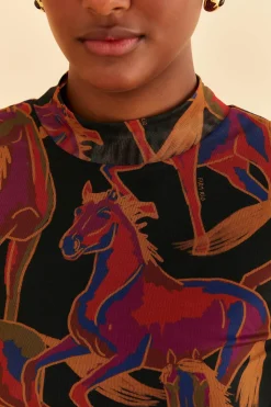 FARM Rio BLACK WILD HORSES TULLE BLOUSE