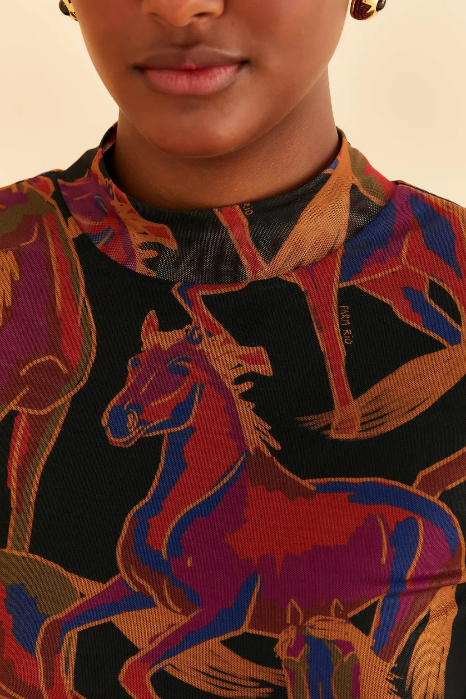 FARM Rio BLACK WILD HORSES TULLE BLOUSE