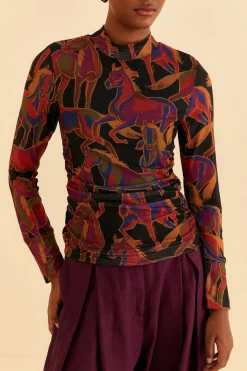 FARM Rio BLACK WILD HORSES TULLE BLOUSE