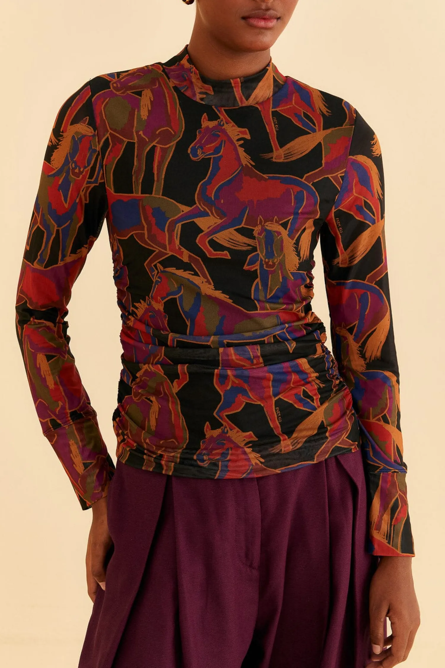 FARM Rio BLACK WILD HORSES TULLE BLOUSE