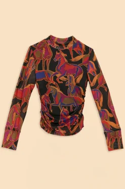 FARM Rio BLACK WILD HORSES TULLE BLOUSE