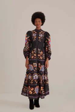 FARM Rio BLACK WINTER GARDEN LONG SLEEVE MAXI DRESS