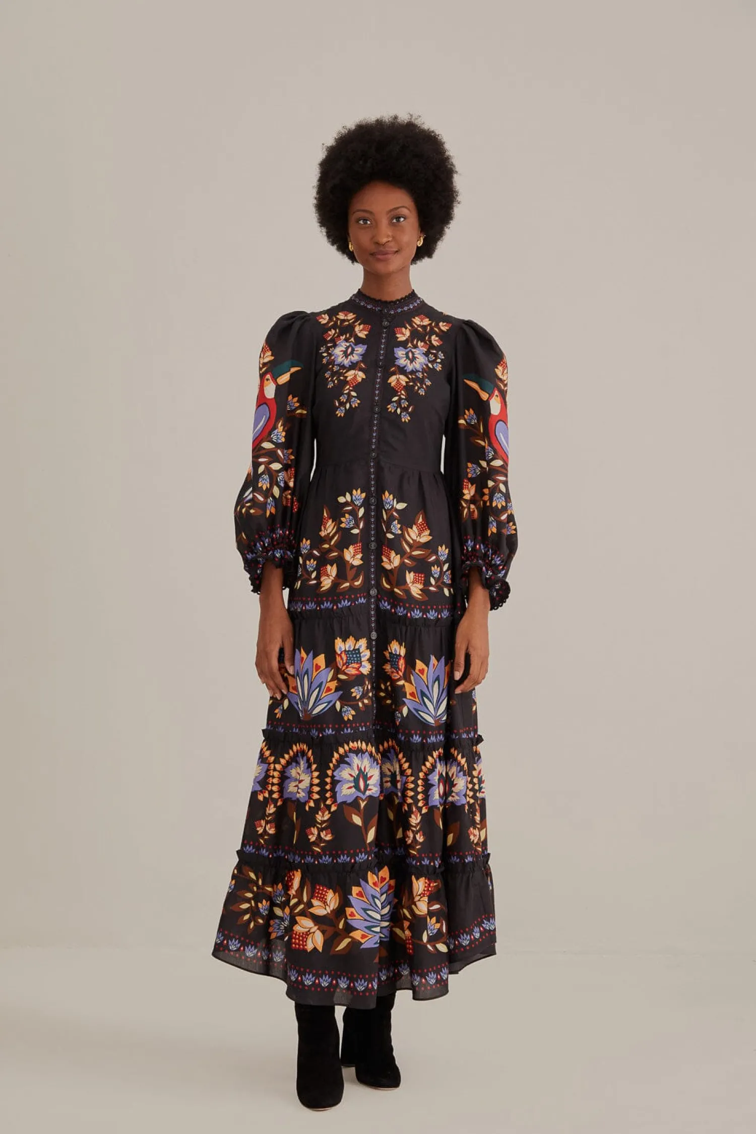 FARM Rio BLACK WINTER GARDEN LONG SLEEVE MAXI DRESS