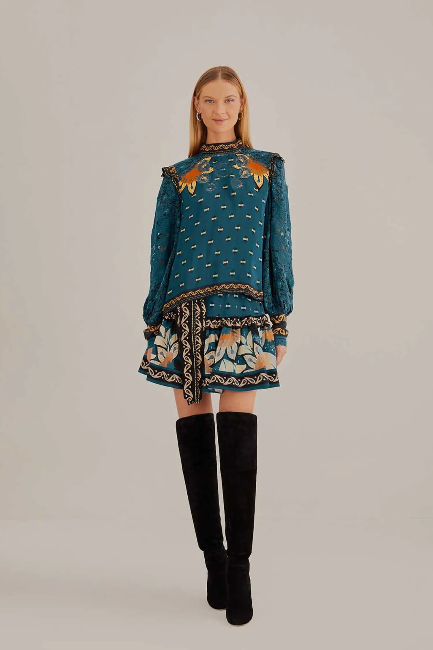 FARM Rio BLUE AINIKA CHILL LONG SLEEVE BLOUSE