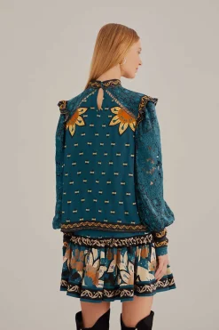 FARM Rio BLUE AINIKA CHILL LONG SLEEVE BLOUSE