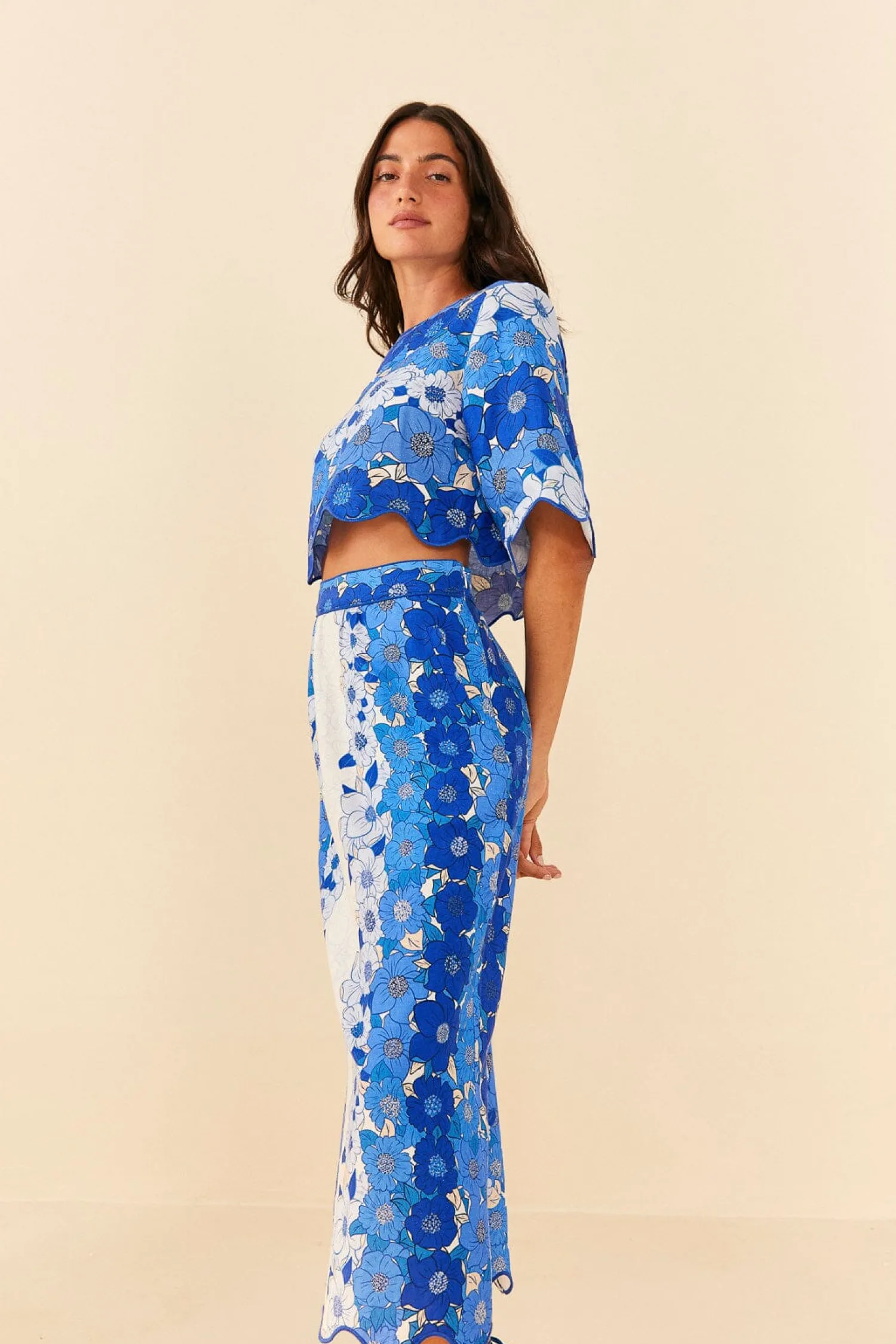 FARM Rio BLUE FLOWER STRIPES MIDI SKIRT