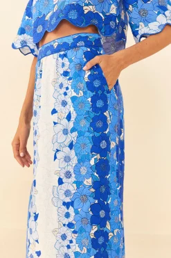 FARM Rio BLUE FLOWER STRIPES MIDI SKIRT