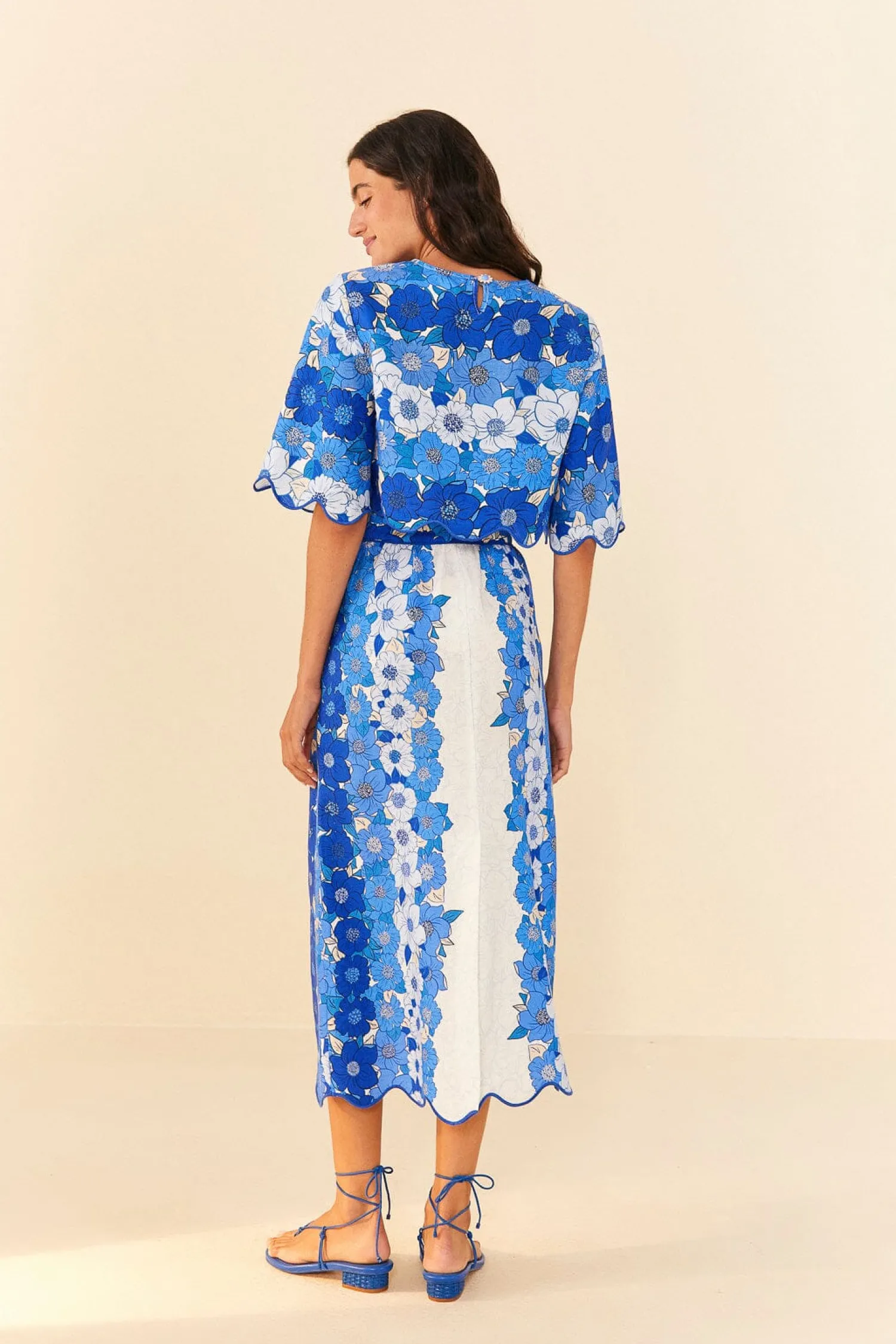 FARM Rio BLUE FLOWER STRIPES MIDI SKIRT