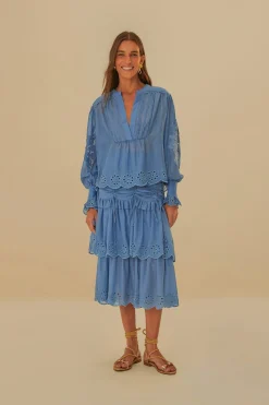 FARM Rio  BLUE LONG SLEEVE ORGANIC COTTON BLOUSE