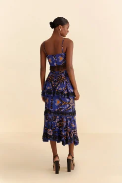 FARM Rio  BLUE MARTINA SCARF BEADED MIDI SKIRT