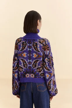 FARM Rio  BLUE MARTINA SCARF SEQUIN EMBROIDERED KNIT CARDIGAN