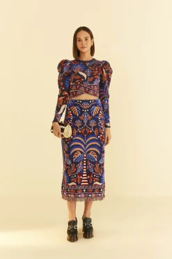 FARM Rio BLUE NATURE BEAUTY SCARF KNIT MIDI SKIRT