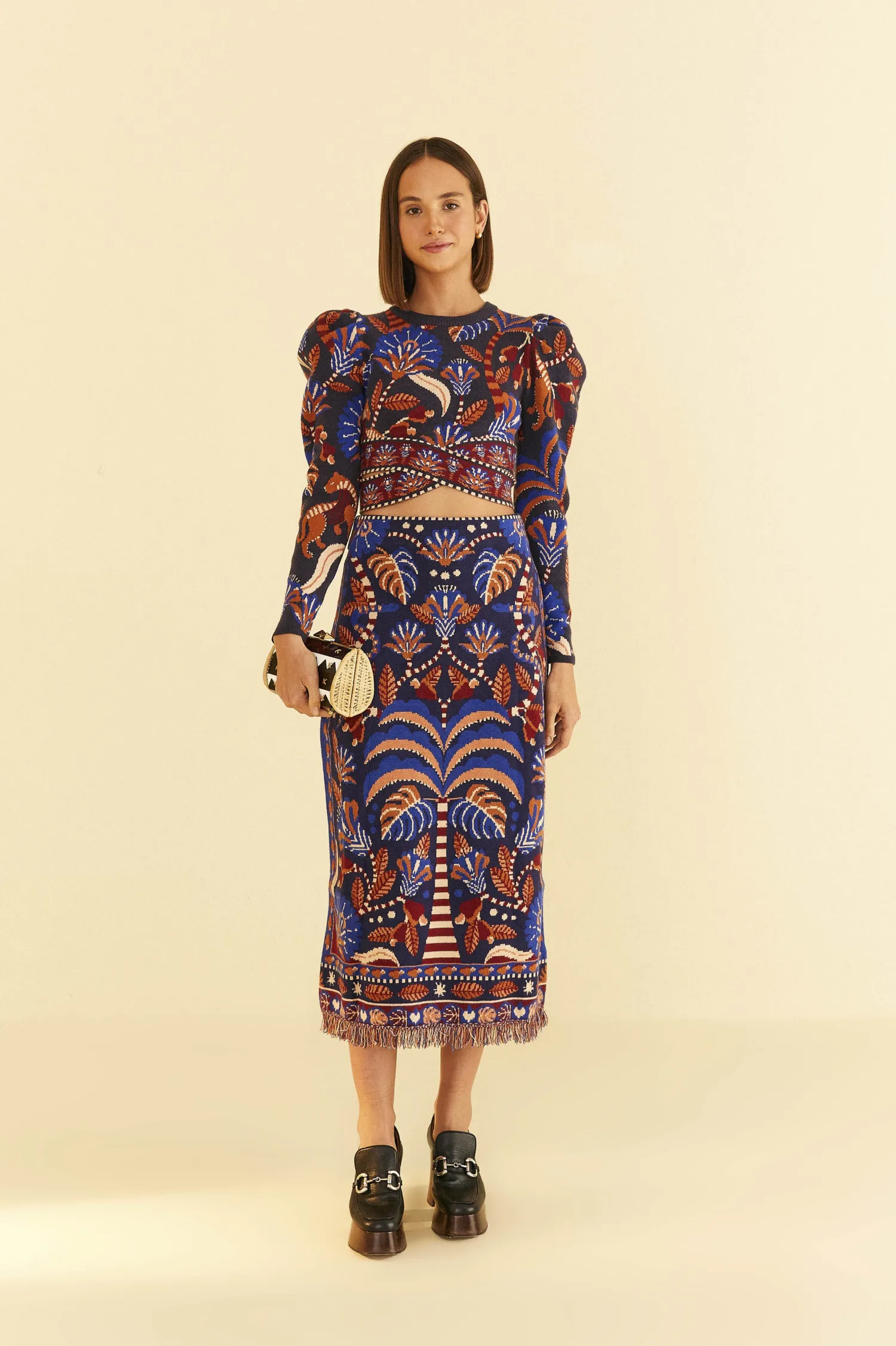 FARM Rio BLUE NATURE BEAUTY SCARF KNIT MIDI SKIRT