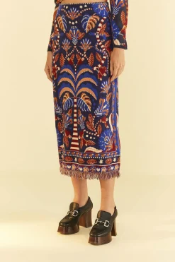 FARM Rio  BLUE NATURE BEAUTY SCARF KNIT MIDI SKIRT