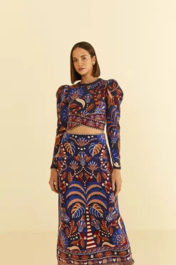 FARM Rio BLUE NATURE BEAUTY SCARF KNIT MIDI SKIRT