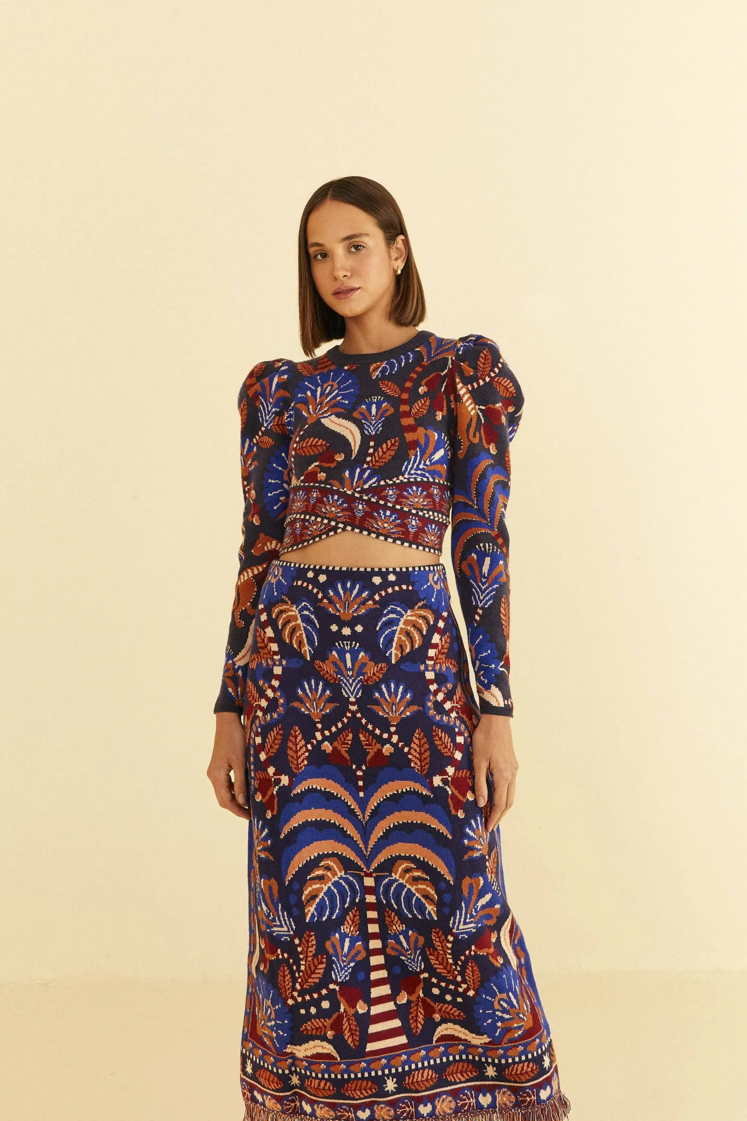 FARM Rio BLUE NATURE BEAUTY SCARF KNIT MIDI SKIRT