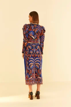 FARM Rio BLUE NATURE BEAUTY SCARF KNIT MIDI SKIRT