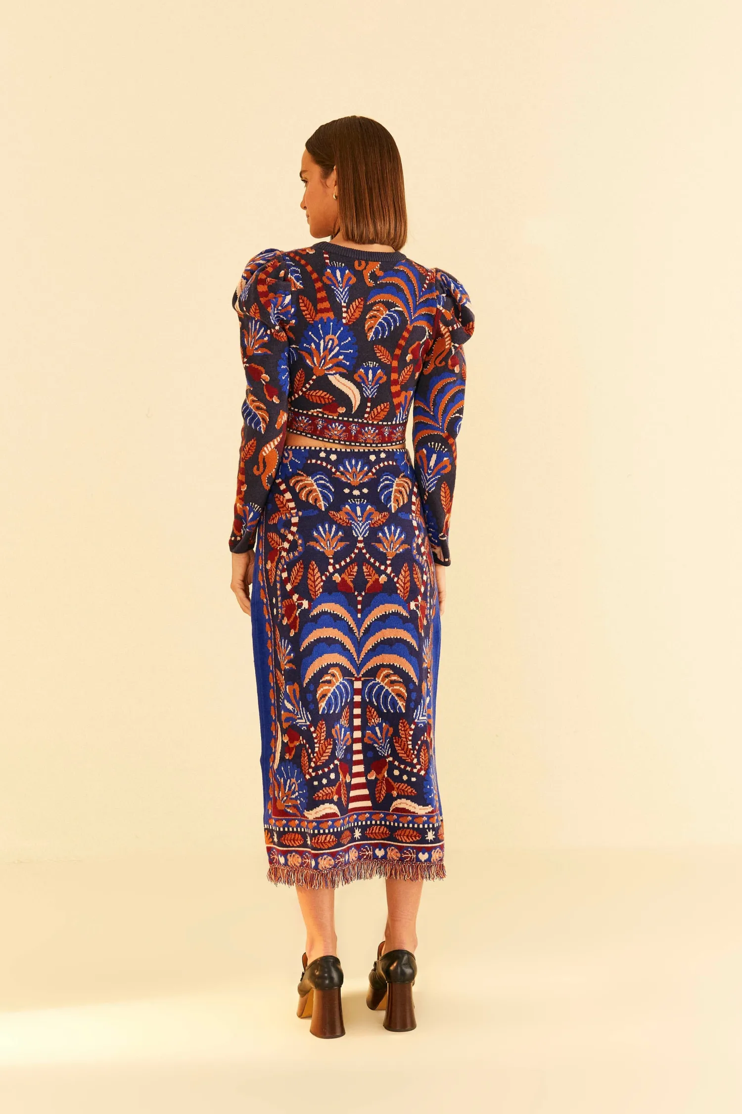 FARM Rio BLUE NATURE BEAUTY SCARF KNIT MIDI SKIRT