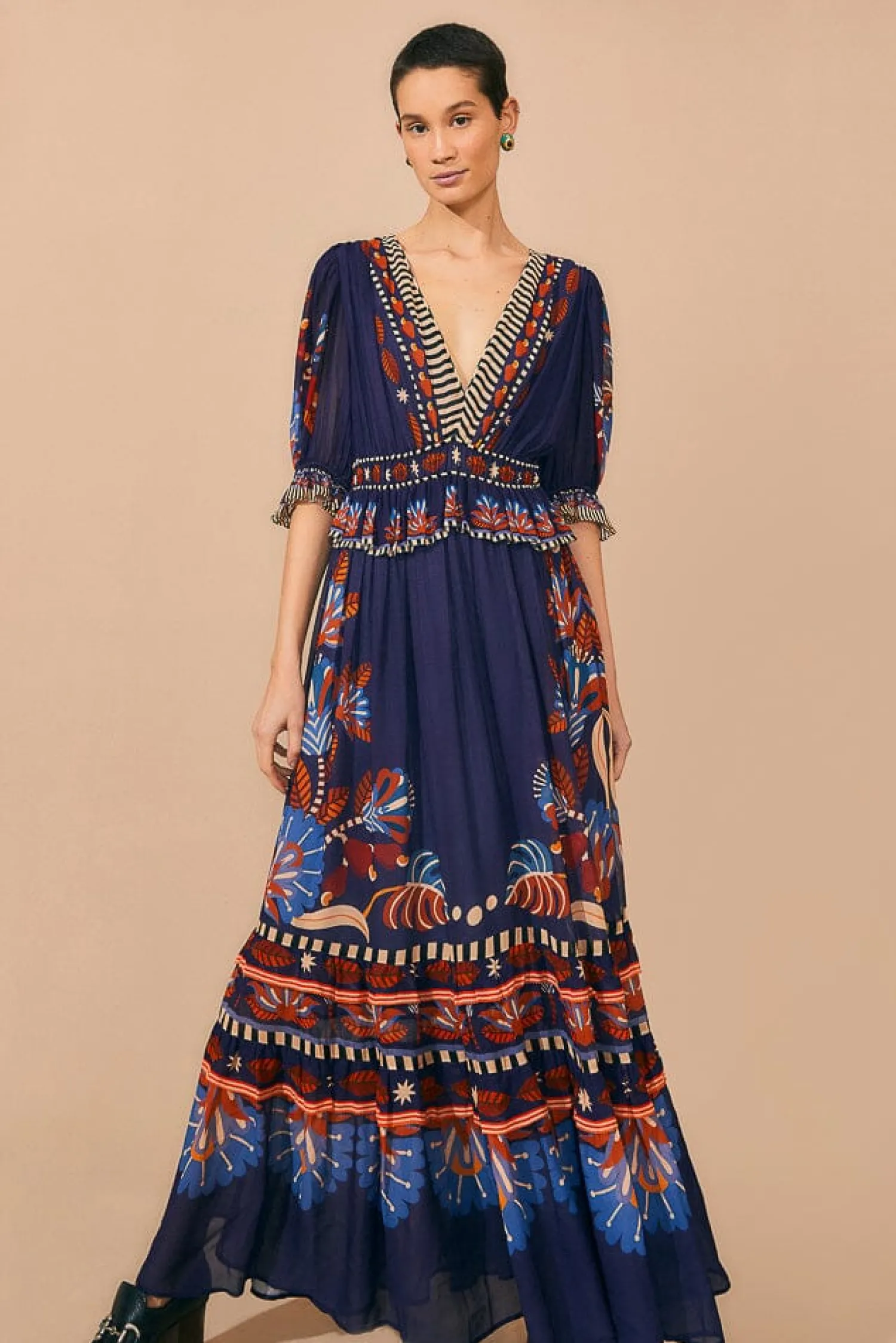 FARM Rio BLUE NATURE BEAUTY SHORT SLEEVE MAXI DRESS