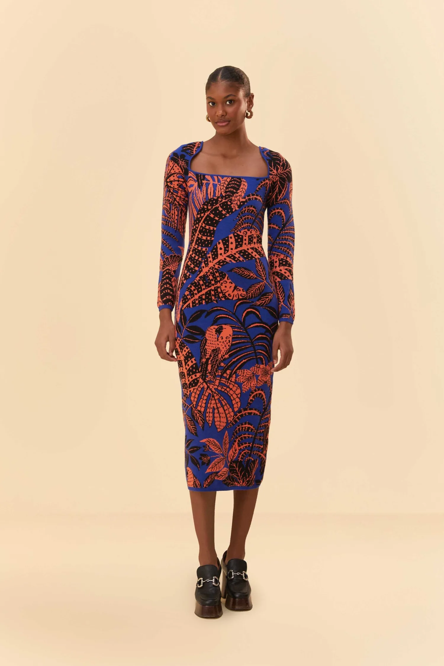 FARM Rio BLUE TROPICAL GOLD LONG SLEEVE DRESS