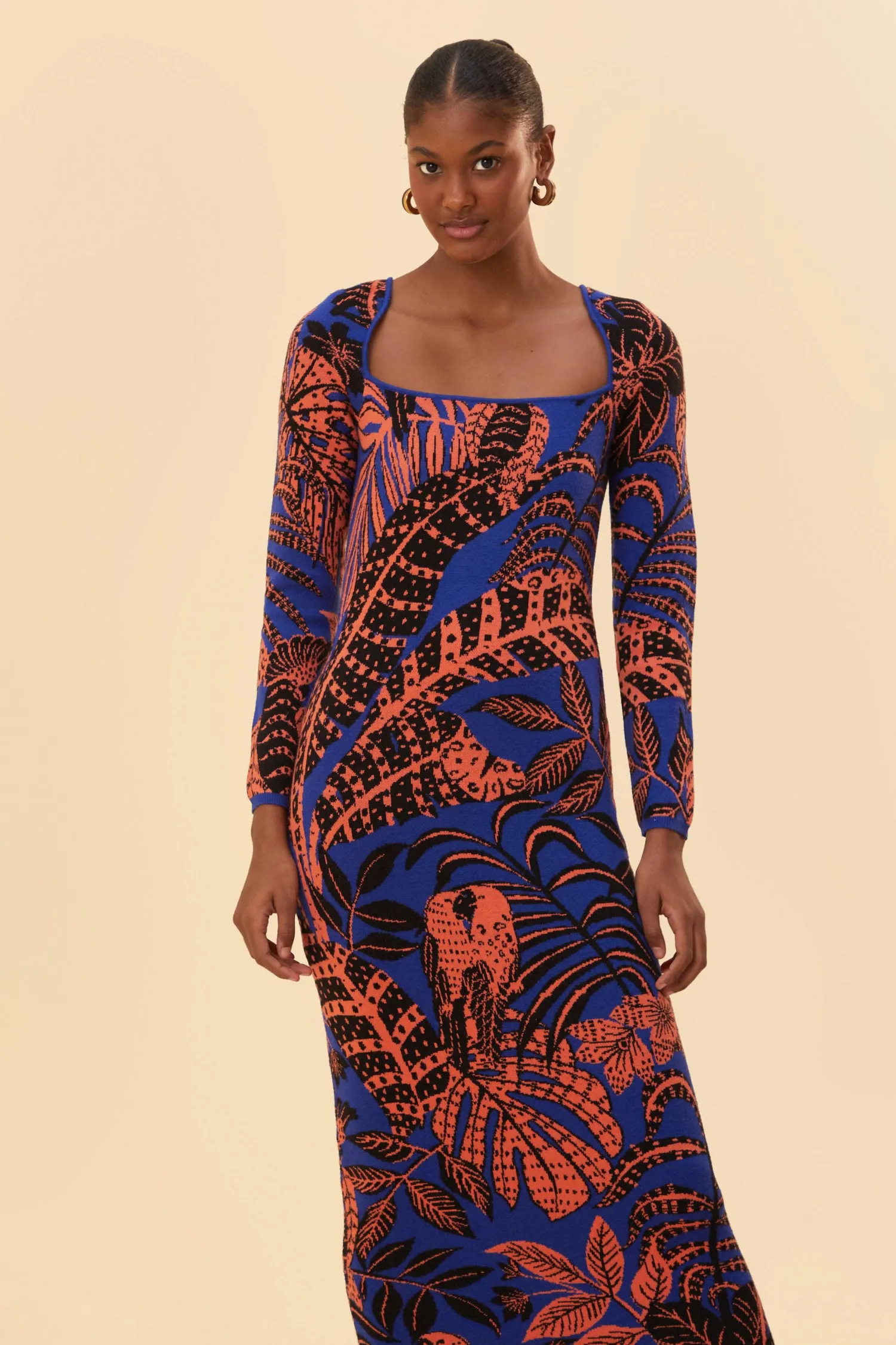 FARM Rio BLUE TROPICAL GOLD LONG SLEEVE DRESS