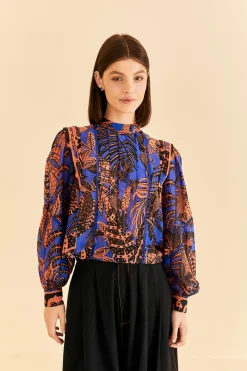 FARM Rio  BLUE TROPICAL GOLD PLEATED LONG SLEEVE BLOUSE