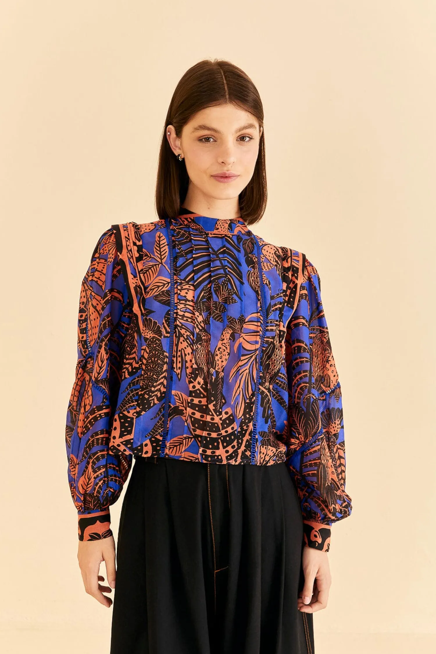 FARM Rio BLUE TROPICAL GOLD PLEATED LONG SLEEVE BLOUSE